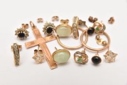 AN ASSORTMENT OF EARRINGS AND A CROSS PENDANT, to include a pair of yellow metal diamond set