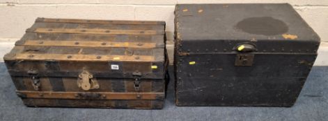 TWO VINTAGE TRAVELING TRUNKS Dimensions:wooden bound trunk width 73cm x depth 41cm x height 32cm