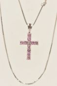 A 9CT WHITE GOLD PINK TOPAZ SET CROSS PENDANT NECKLACE, the pendant set with pink topaz and one