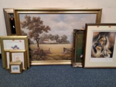 A SMALL QUANTITY OF PICTURES AND PRINTS ETC, comprising a landscape with thatched cottages signed K.