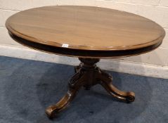 A VICTORIAN MAHOGANY TILT TOP TABLE, with a circular top, raised on a bulbous pedestal with three
