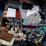 FIVE BOXES OF WOMEN'S CLOTHES AND ACCESSORIES, to include jackets, skirts, trousers, jeggings,