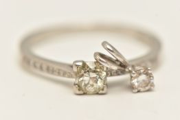 A PLATINUM SINGLE STONE DIAMOND RING AND AN 18CT WHITE GOLD DIAMOND PENDANT, the ring set with an