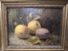 OLIVER CLARE (1853-1927) STILL LIFE WITH FRUIT AGAINST A MOSSY BACKDROP, signed bottom right, oil on