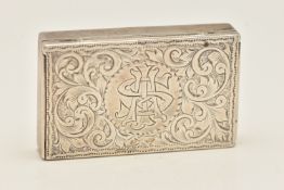 A LATE VICTORIAN SILVER SNUFF BOX, of a rectangular form, decorated with a scrolling acanthus