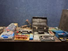 A COLLECTION OF AUTOMOTIVE TOOLS including an XS trolley jack, sockets and socket sets, spanners,
