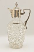 A LATE VICTORIAN SILVER AND GLASS CLARET JUG, cut glass jug mounted with a hinged cover with acorn