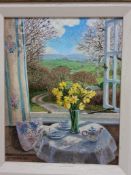 STEPHEN DARBISHIRE (1940) 'DAFFODILS BY AN OPEN WINDOW', flowers and tea wares are on a table with a