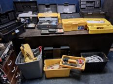 EIGHT TOOLBOXES AND A BIN CONTAINING TOOLS AND HARDWARE, including saws, hammers, plumbing tools and