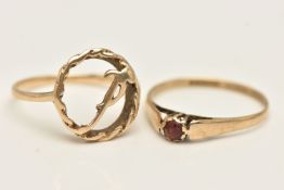 TWO RINGS, the first a 9ct gold garnet set ring, hallmarked 9ct Edinburgh, ring size L,