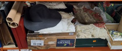 TWO BOXES AND LOOSE VINTAGE LINEN, LACE, BRIDAL VEIL, BRIEFCASE ETC. to include needlepoint napkins,