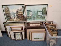 A QUANTITY OF PICTURES AND PRINTS ETC, to include three oil on canvas French street scenes, an oil
