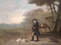 CIRCLE OF SAWREY GILPIN (1733-1807) A GENTLEMAN HOLDING A WHIP WITH TWO DOGS AND A HORSE, the