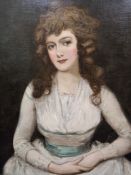FOLLOWER OF GEORGE ROMNEY (1734-1802) MRS JOHN BELL CROMPTON, a seated half-length portrait of a