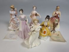 A GROUP OF SIX PORCELAIN LADIES FROM ROYAL DOULTON AND COALPORT comprising 'Sarah' (HN3380) issued