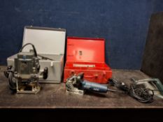 A COLLECTION OF POWER TOOLS including an ELU MOF177E 1/2in router in metal case, an AEG biscuit