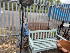 TWO MODERN WOODEN GARDEN BENCHES (distressed), a Prem I Air electric patio heater (untested), and