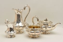 AN EARLY VICTORIAN SILVER FOUR PIECE TEA SET, comprised of a tea pot, coffee pot, sugar pot and milk