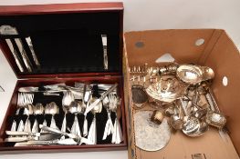 A BOX OF ASSORTED WHITE METAL WARE, to include a canteen of Community plate cutlery (not checked for