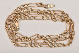 A 9CT GOLD FIGARO CHAIN NECKLACE, hollow links, fitted with a lobster clasp, hallmarked 9ct