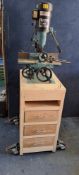 AN AXMINSTER CM-19T BENCH MORTISER mounted to a bespoke pine stand with three drawers and drop-