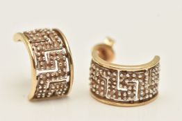 A PAIR OF 9CT GOLD DIAMOND SET HALF HOOP EARRINGS, wide hoops with a diamond set Greek key