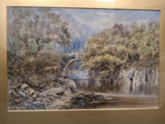 EDWARD SALTER (1835-1934) A RIVER LANDSCAPE, two figures are on a bridge over a river with hills