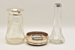 THREE ITEMS, to include a silver bottle coaster with wooden base, hallmarked Birmigham,
