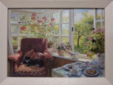 STEPHEN DARBISHIRE (1940) 'AFTERNOON TEA', an interior setting with a cat on a chair and an