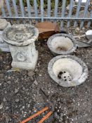 A PAIR OF SMALL CONCRETE PANCHEONS 46cm in diameter, a concrete statue base, a frog figure, etc Qty: