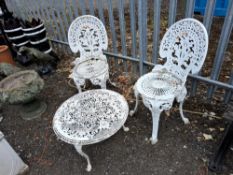 A PAIR OF CAST ALUMINIUM GARDEN CHAIRS WITH A SIMILAR COFFEE TABLE, all with pierced fretwork