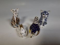 A GROUP OF FOUR ROYAL CROWN DERBY PAPERWEIGHTS comprising a 'Silver Tabby Kitten' with stopper,