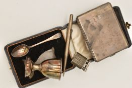 AN ASSORTMENT OF SILVER AND WHITE METAL ITEMS, to include a cased silver christening egg cup and