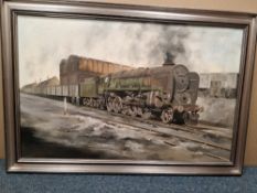 A SMALL QUANTITY OF PICTURES AND PRINTS, to include a Derek Jones oil on canvas depicting steam