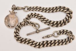 A HEAVY SILVER GRADUATED ALBERT CHAIN WITH FOB MEDAL, links stamped with sterling marks, fitted with