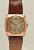 A GENTS 9CT GOLD WRISTWATCH, manual wind, round discoloured silver dial, Arabic numerals, subsidiary