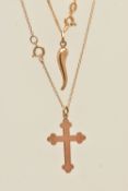 TWO PENDANT NECKLACES, the first a rose metal cross pendant stamped 9ct, suspended from a fine