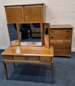 A STAG MADRIGAL THREE PIECE BEDROOM SUITE, comprising a double door wardrobe, a chest of seven