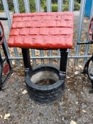 A PAINTED CONCRETE ORNAMENTAL WELL damaged with metal turning handle but no wooden handle, 100cm