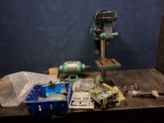 A CLARKE CDP 5HP PILLAR DRILL (no chuck fitted)(PAT pass and working), a Clarke bench grinder (