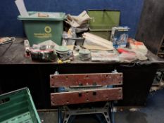 TWO TRAYS, A METAL BOX AND A TRAY CONTAINING TOOLS AND ACCESSORIES, including a Workzone angle