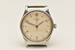 A 'LONGINES' WATCH HEAD, manual wind, round slightly discoloured white dial, alternating Arabic