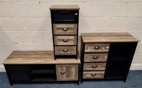 FOUR PIECES OF MODERN FURNITURE, to include a cabinet with four drawers and a mesh door, a TV stand,