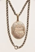 A WHITE METAL OVAL LOCKET WITH CHAIN, the locket decorated with a floral pattern, engraved 'Nellie',