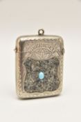 A WHITE METAL VESTA CASE, rectangular form set with hardstone and a blue stone cabochon inscribed '