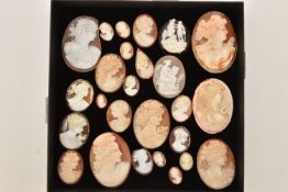 A SMALL BOX OF LOOSE CAMEOS, mostly carved shell cameos depicting women in profile, with an onyx