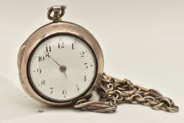A GEORGE III SILVER PAIR CASE POCKET WATCH AND ALBERT CHAIN, key wound, open face pocket watch,