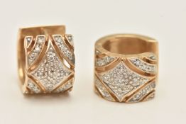 A PAIR OF WIDE YELLOW METAL, DIAMOND SET HINGED HOOP EARRINGS, approximate hoop width 10.5mm, open