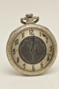 A WHITE METAL OPEN FACE POCKET WATCH, AF, manual wind, round decorative silver dial with Arabic