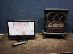 A MATSUI 19in LCD TV with remote and a Focal Point fire effect heater 56cm high (both PAT pass and